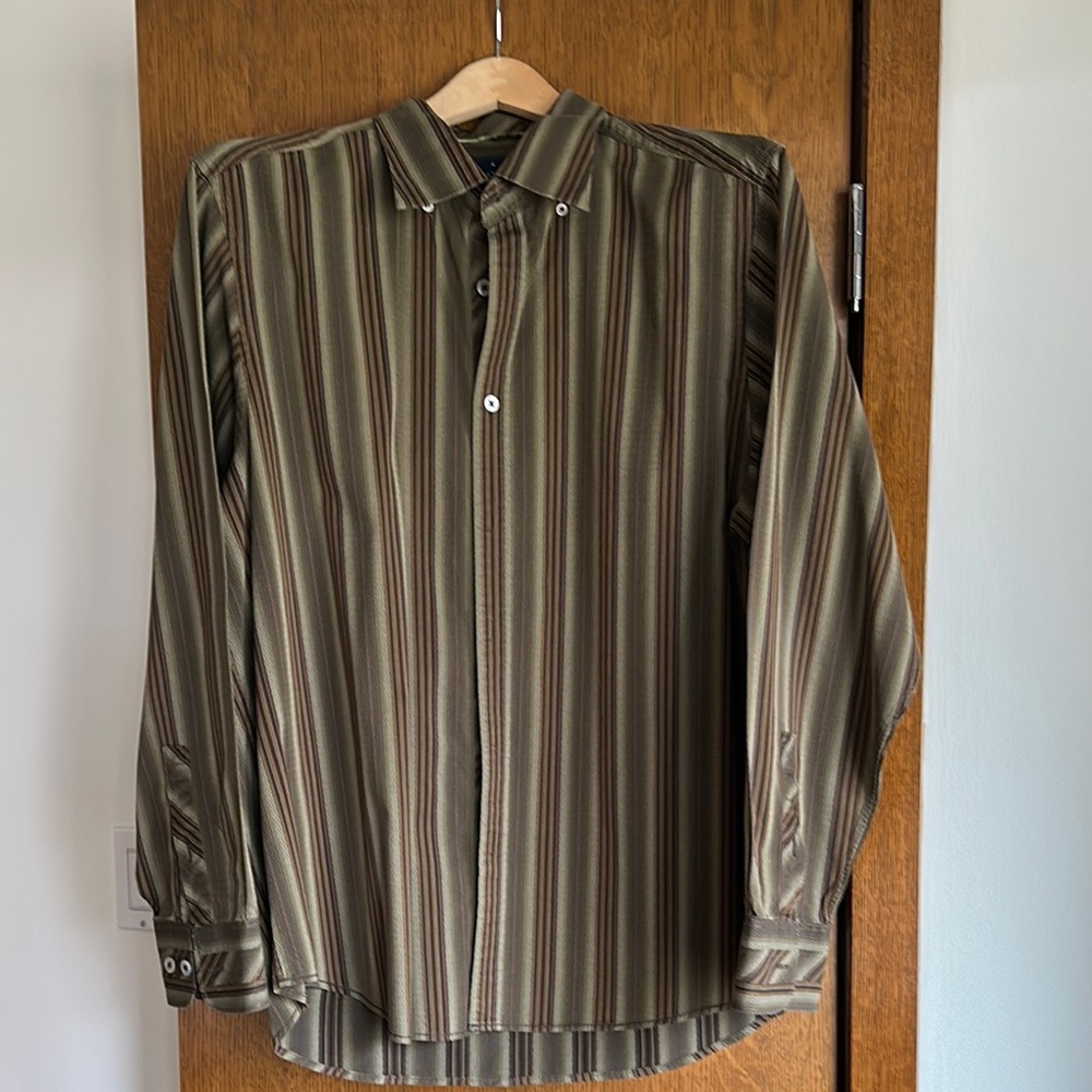 Casual Green and Brown Striped Button Down Shirt